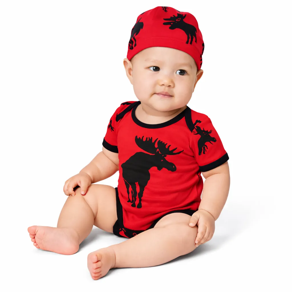 Canadian Moose on Red Baby Bodysuit and Hat Set